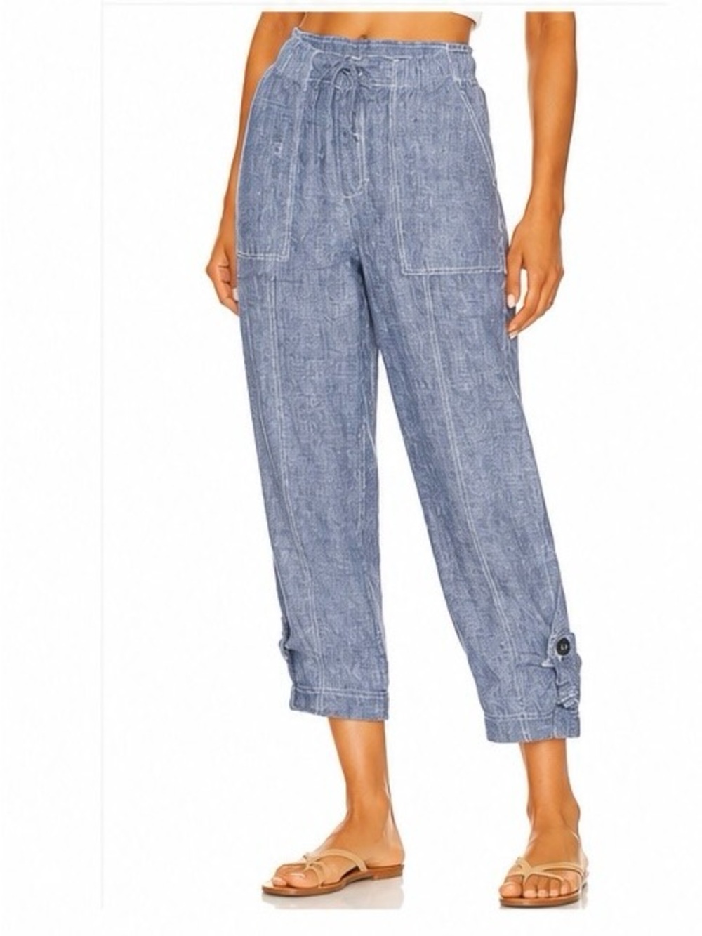 Lord & Taylor 100% Linen Drawstring Cropped Pants Blue Relaxed Coastal